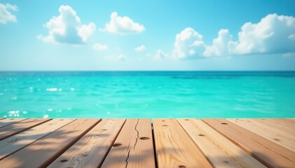 Fototapeta premium Smooth wood surface against sparkling turquoise sea and bright sky , design, photo