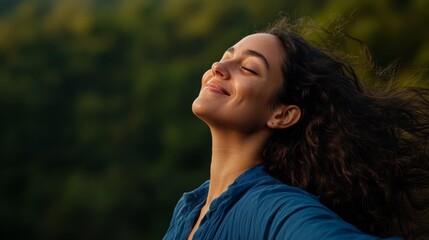 This image features a joyful young woman, enjoying a moment of freedom and peace outdoors.