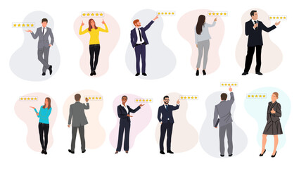 Business people leave five star rating and service satisfaction feedback. Different men and women in formal suit give a review rating and feedback. Vector Illustration isolated
