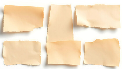 Fototapeta premium Set of old vintage torn paper pieces isolated on white background, perfect for scrapbooking, antique textures, aged documents, and creative design.