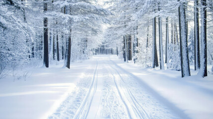 Serene winter landscape. A snow-covered path winds through a forest of snow-laden trees, bathed in soft sunlight.