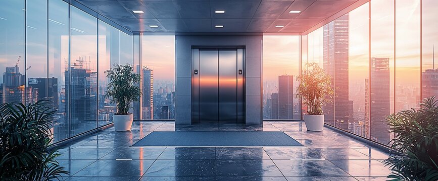 Sunrise city view from skyscraper elevator lobby