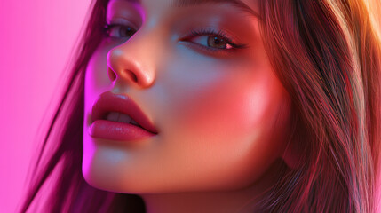 Close up portrait of woman with long, smooth hair and vibrant makeup, showcasing radiant glow against colorful background. image captures beauty and elegance