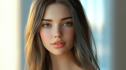 Fototapeta premium Beautiful woman with smooth, shiny, straight hair and soft features, exuding serene expression in natural light