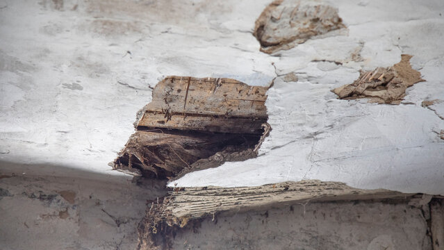 The collapsed ceiling of an old house.