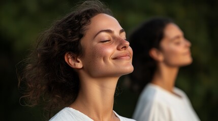 Fototapeta premium The image features a woman meditating outdoors.