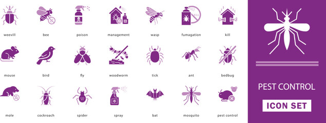 Minimal pest control icon set tick, target, bat,  mouse, spraying, poison, dangerous, and safety-focused pest solutions.