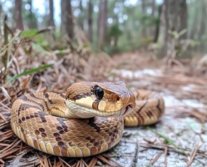 Fototapeta premium A Large Eastern Diamondback rattlesnake, Crotalus Adamanteus, is depicted in a closeup macro with its head positioned beside a perfect rattle containing 12 buttons, all within the natural environment