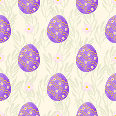 Playful seamless Easter egg pattern with pastel watercolor textures, great for spring-themed products, greeting cards, and fabric prints