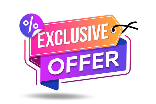 Exclusive offer banner, ad vector illustration design with a discount percentage. Buy now. Hang tag with text exclusive offer. Sale sign. Fashionable shapes and colors for promotional marketing.