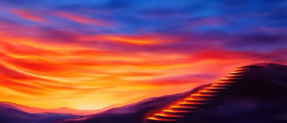 Obraz premium A vibrant sunset illuminates a serene landscape, with colorful clouds and a pathway leading up a hill, evoking peace and introspection.