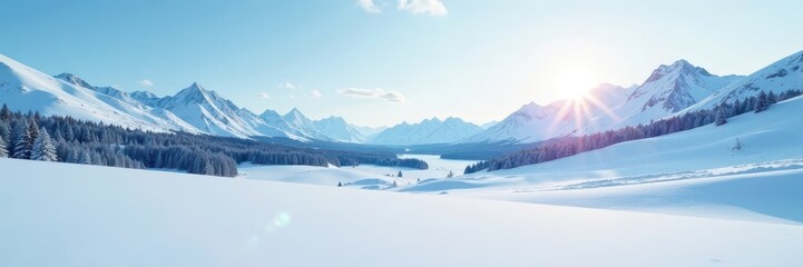 Obraz premium Vast, pristine snowfield extending to distant, snow-covered mountains under a winter sky, arctic, winter scene