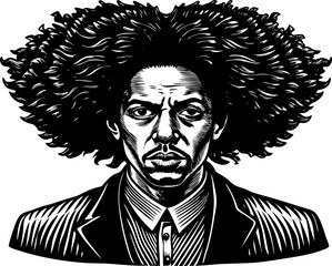 Man with an exaggerated voluminous afro hairstyle, blending artistic surrealism with a bold vintage aesthetic sketch engraving vector