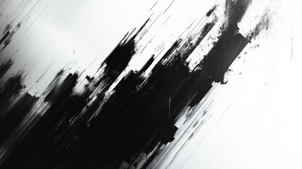 Black paint streaks across white. Brush stroke texture. Abstract art design. Simple monochrome pattern. Dark and light color contrast. Paint splatters texture background.