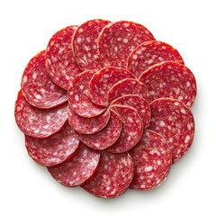 Circular arrangement of sliced salami on white background (1)