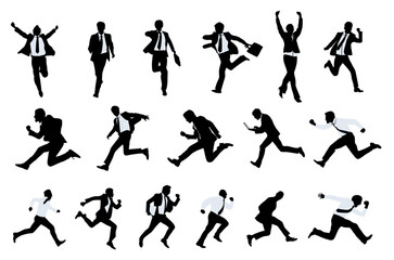 Silhouettes of business people running, jumping, winning full length front, side view. Vector black monochrome outline illustration isolated on transparent background . Avatar, icons for website.