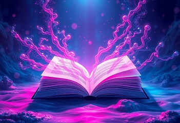 Naklejka premium An open book with shining pages from which bright light bursts out, forming a vortex on a dark background 
