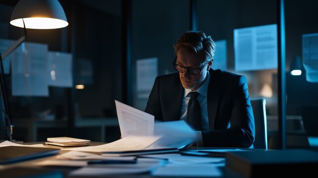 A legal expert analyzing international money laundering cases at a law firm office. Featuring expertise and critical thinking