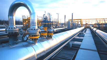 Obraz premium Industrial Pipeline Complex at Sunset Steel Pipes and Valves