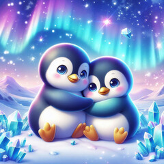 Cute penguins on snowy arctic landscape embracing together under the beautiful northern lights. Cartoon illustration of cute antarctic bird characters.
