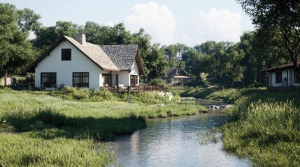 Obraz premium Countryside house by river, sunny day, green landscape, real estate