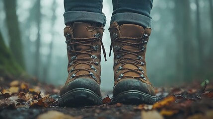 Hiking boots on forest path in misty woods