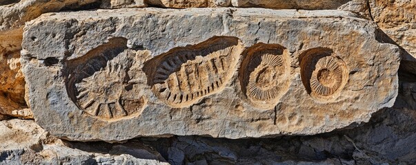 Weathering process idea. Close-up of ancient fossilized shells imprinted on a rock surface, showcasing geological history.