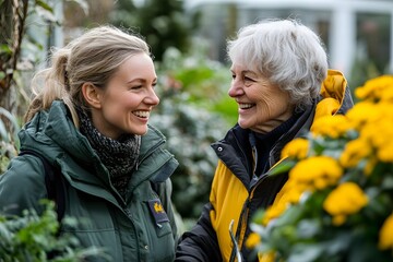 Fototapeta premium Joyful Bonding in Garden Young Volunteer Assisting Elderly Woman with Walking Stick