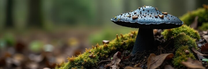 Obraz premium Black mushroom cap surrounded by decaying tree roots, wild forest, undergrowth