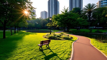Beautiful green park with walking paths, benches, and trees in sunlight, symbolizing urban nature, outdoor relaxation, and serene city environmen