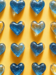 Colorful heart-shaped soap on yellow background