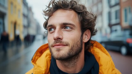 "The image features a young man standing outdoors under rainy conditions."