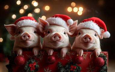Adorable Pigs in Santa Hats with Festive Christmas Decor  