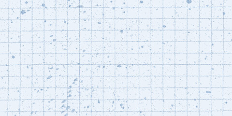 Abstract blue checkered paper sheet covered in blue paint splatters. Gritty halftone dots and ink drips, edgy messy grunge texture.