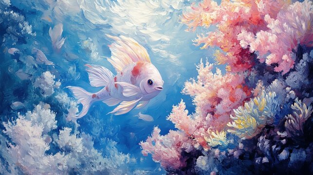Underwater themes and requested a pastel cute style. Underwater, themes and requested a pastel cute style. A goldfish swimming among colorful corals.