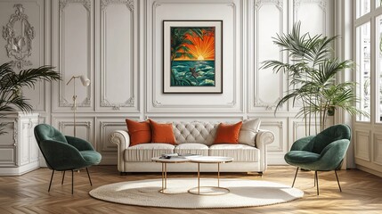 Tropical sunset artwork in elegant living room