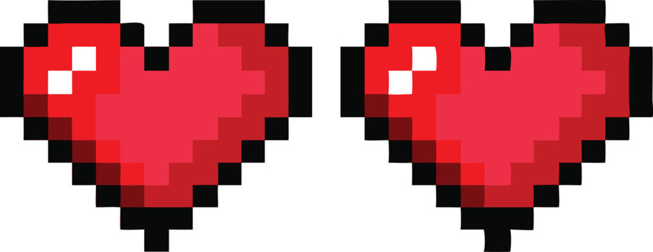 8-bit-style pixel heart icon in retro game style—vector design symbolizing love with a nostalgic digital twist, romantic iconography in digital design, life, or gaming interfaces.