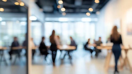 A business networking event with professionals gathered in a blurred office setting, emphasizing collaboration