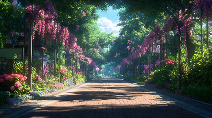 Obraz premium Sunlit Path Through a Colorful Garden with Blooming Trees