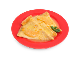 Plate with tasty crepes Suzette isolated on white