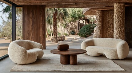 Modern beige sofas in luxury home, desert view