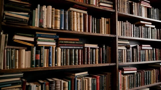 Cozy library scene with shelves full of books, captured from a side angle. Warm lighting creates a vintage feel, perfect for a video backdrop.