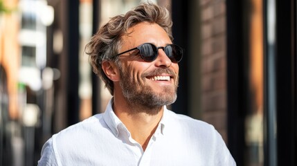 Fototapeta premium The image shows a smiling man wearing sunglasses and a blue shirt with shorts, standing outdoors with a building behind him.