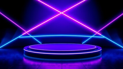 Futuristic neon-lit stage with glowing purple and blue lights, symbolizing modern technology, virtual spaces, and sci-fi digital environments