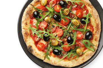 Tasty pizza with olives, tomatoes and arugula isolated on white, top view