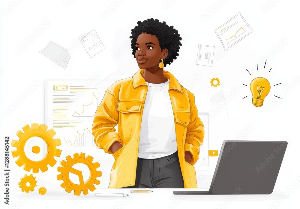 Poster a 3d isometric outline design represents the concept of data analysis, where a woman examines statis
