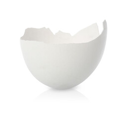 One piece of broken eggshell on mirror surface against white background