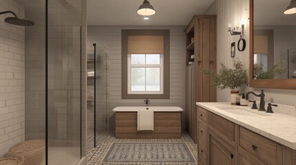 Serene Bathroom Interior: A beautifully designed bathroom, featuring a luxurious bathtub, a modern shower, and elegant wooden cabinetry. The space is filled with natural light.