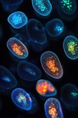 Obraz premium A microscopic view of coconut oil droplets, glowing with vibrant and ethereal tones