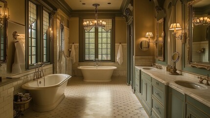  Luxurious Bathroom Interior: A high-end bathroom showcases opulent design, featuring elegant bathtubs, detailed fixtures, large windows, and sophisticated decor.